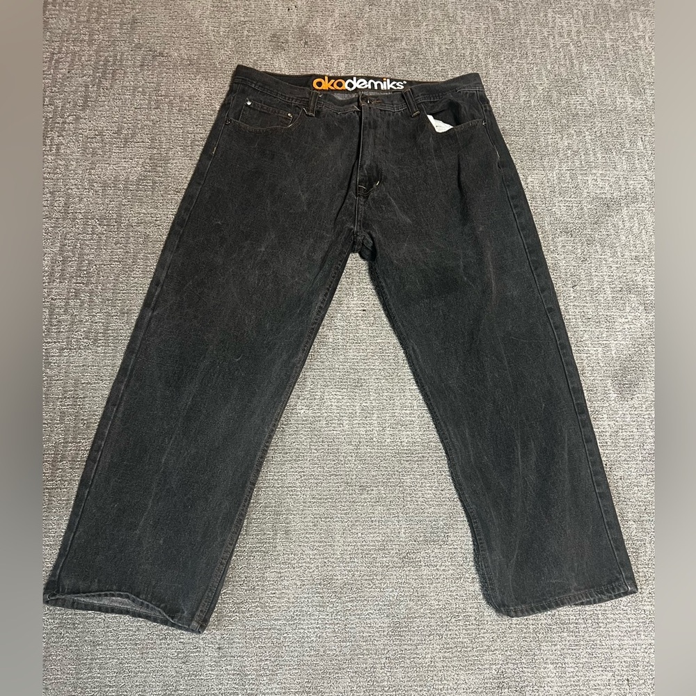 VTG Akademiks Mean Faded Black Y2K Wide Leg Jeans Embroidered Pockets 44